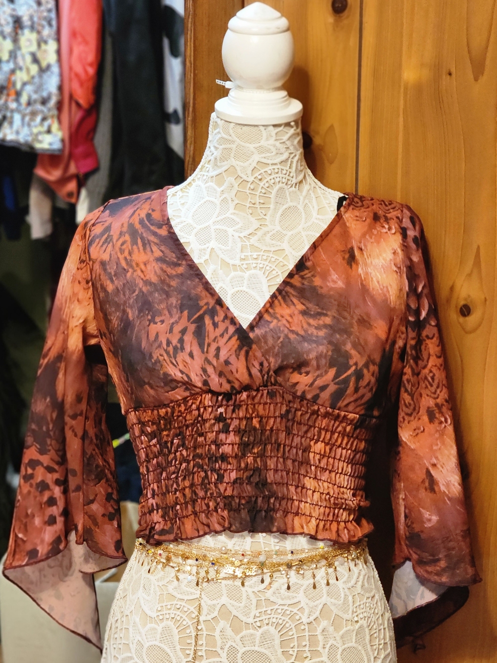Wet Seal Rust Brown Smocked V-Neck Crop Top